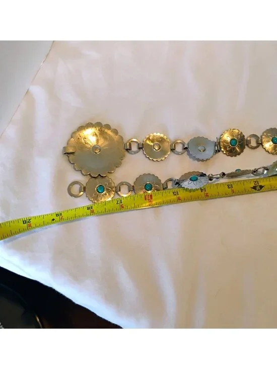 Silver Metal Concho Belt w/ Faux Turquoise Adjustable up to 37" Vintage Cowgirl - Picture 5 of 9